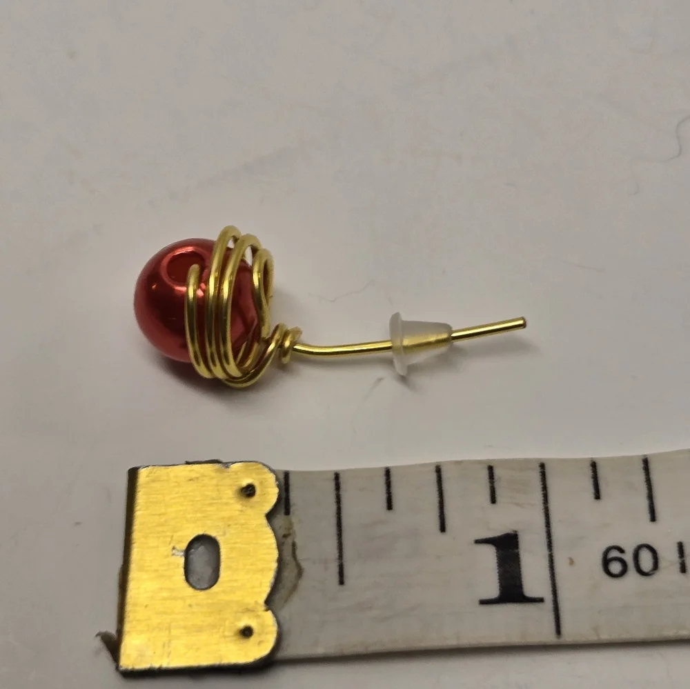 Hand Crafted Gold and Red Faux Pearl Post Earrings - Picture 5 of 10